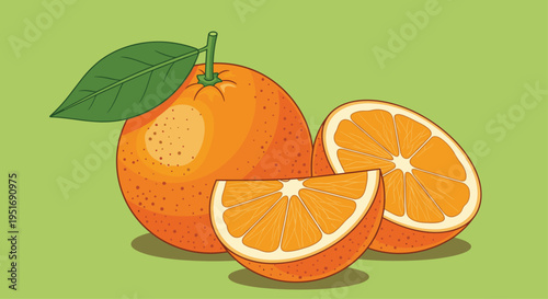 Detailed illustration of whole orange fruit with green leaf plus half and wedge slices set against light green background.