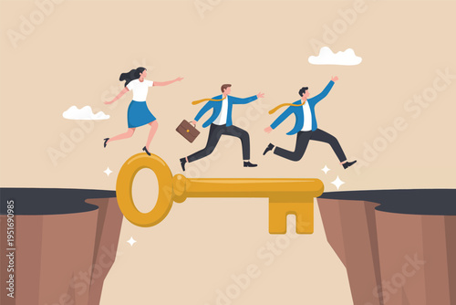 A business team running across a large golden key bridge that spans over a deep wide canyon gap