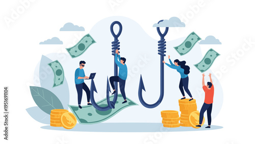 Small people being lured or caught by giant fishing hooks with money symbols representing financial risk or scams.