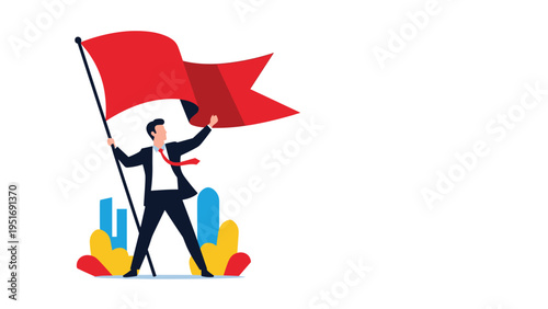 Successful businessman in a professional suit holding a large red flag while standing in a cityscape background.