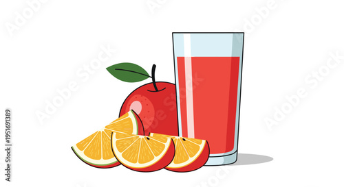 Glass of red juice accompanied by whole red apple and fresh orange slices on white background for healthy beverage concept.