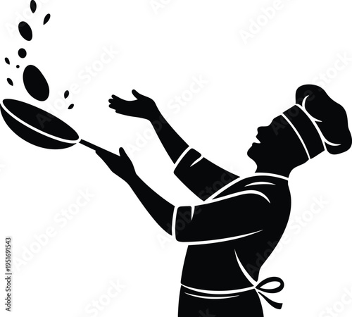 Chef cooking with frying pan tossing food silhouette, professional cook in kitchen preparing meal concept isolated, vector illustration
