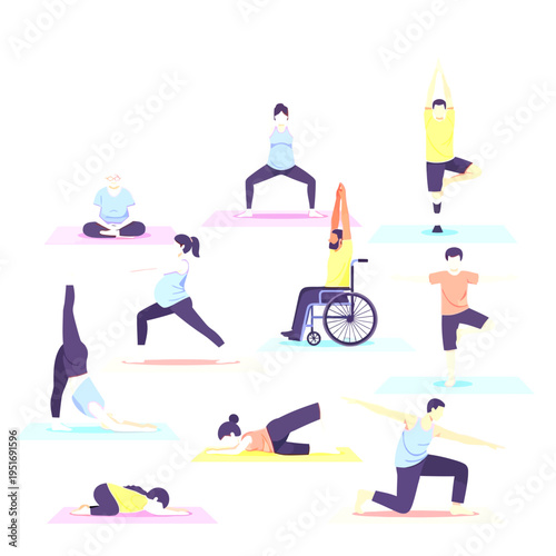 Diverse group of people practicing yoga poses, including a pregnant woman and a person in a wheelchair, promoting inclusivity, health, and wellness.