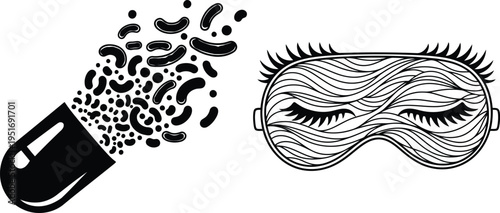 Eye drops and sleep mask symbolizing rest and eye care remedies isolated on white background, Vector