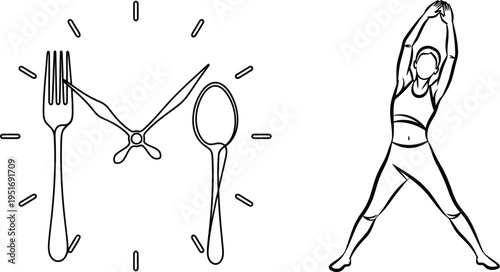 Creative illustration combining fitness pose with utensils in a clock-like arrangement isolated on white background, Vector