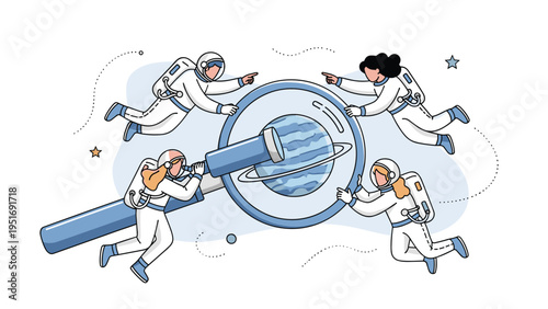 Group of astronauts in space using giant magnifying glass to examine planet with rings for exploration.