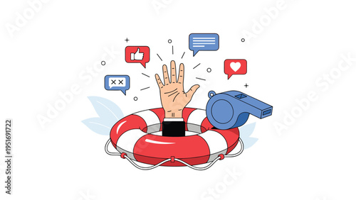 Hand reaching out for help from a red and white lifebuoy surrounded by various social media icons and a blue whistle.