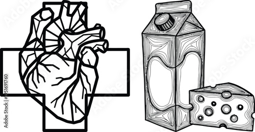 Milk carton and heart intertwined with cheese wedge illustration isolated on white background, Vector