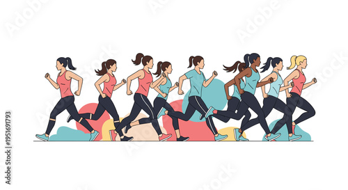Sequence showing different phases of a woman running and exercising in athletic wear against a background with abstract colorful shapes.