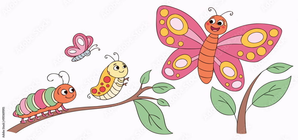 Fototapeta premium Butterfly life cycle. Cartoon caterpillar insects metamorphosis, eggs, larva, pupa, imago stages vector illustration. Insects wildlife transformation. vector icon 