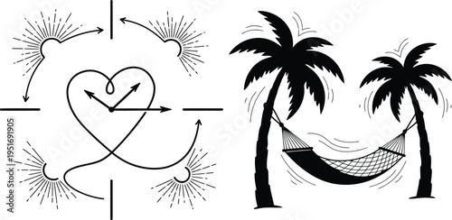 Relaxation and the cyclical nature of unwinding under palm trees with a hammock isolated on white background, Vector