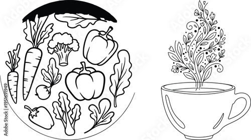 Herbal tea and fresh vegetables illustration in a bowl and cup isolated on white background, Vector