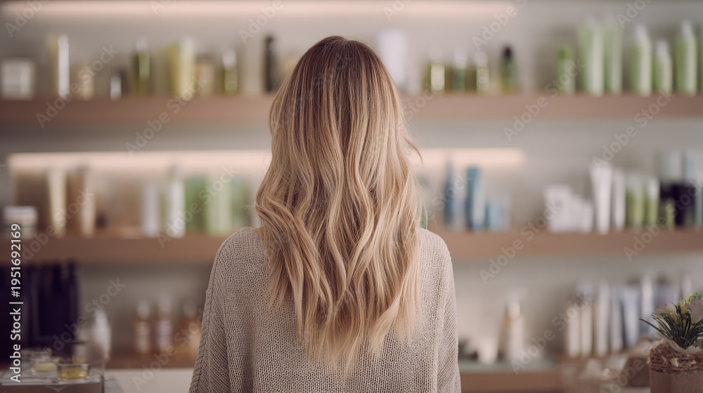 Fototapeta premium Blonde Woman Back View Choosing Hair Care Products at Beauty Store or Salon, Shelf with Cosmetics