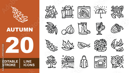 Autumn Season & Thanksgiving Celebration Icons. Editable stroke vector icons for fall harvest themes. Featuring autumn leaves, pumpkins, mulled wine glasses, rain boots, umbrellas, sale tags