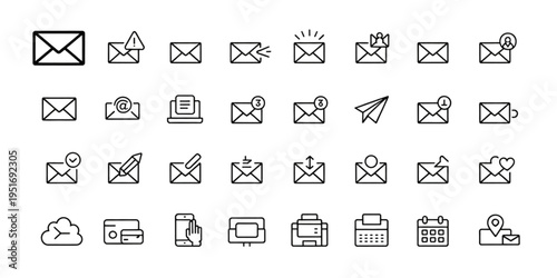 Collection of various black outline vector icons representing email and digital communication tools Vector