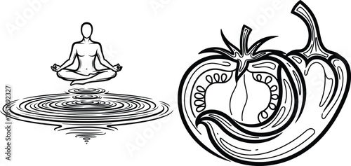 Meditative balance and internal harmony through mindfulness and digestive wellness isolated on white background, Vector