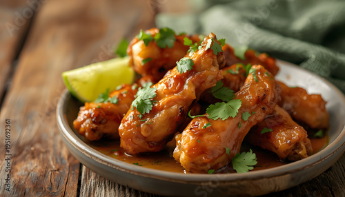 A vibrant and savory dish of glazed chicken wings garnished with fresh cilantro leaves and a slice of lime, placed on a rustic wooden table with a warm and inviting aesthetic.