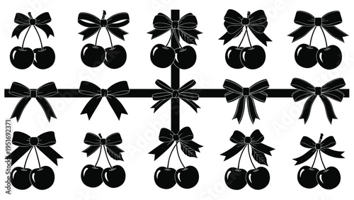 Seamless pattern graphic featuring black silhouettes of cherry pairs tied with decorative ribbons and bows on a white background.