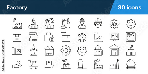 A comprehensive set of thirty outline icons representing various aspects of modern factory operations Vector