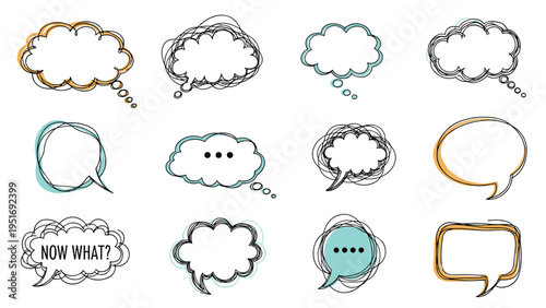 Collection of various hand drawn speech and thought bubbles in different styles and colors for creative communication design.