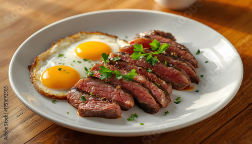 A juicy gourmet steak, cooked to perfection and sliced into thin strips, is placed on a white porcelain plate, accompanied by two fried eggs, their golden yolks glistening, and fresh corriander