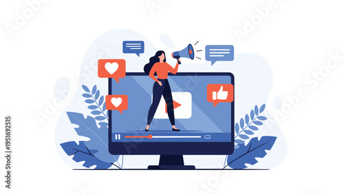 Online video marketing illustration featuring a woman with a megaphone on a large computer screen with various social icons.