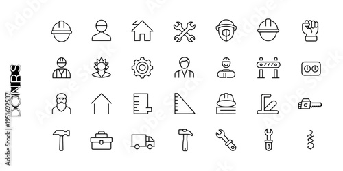A comprehensive set of construction and engineering line icons representing various trade tools Vector
