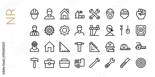 Set of construction and engineering line icons representing various tools and industry symbols Vector
