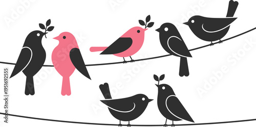 Cute birds sitting on tree branches with leaves, romantic love birds illustration in flat cartoon style, vector illustration