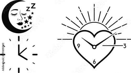 Contrast of night and day represented through sleep and heart clock icons isolated on white background, Vector