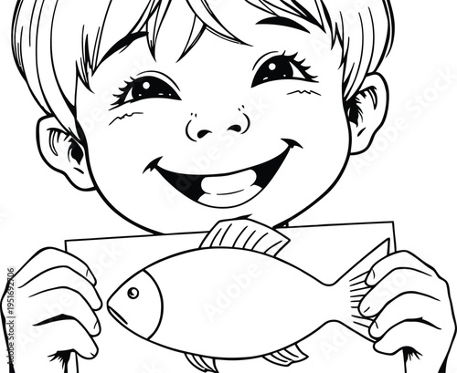 Minimal abstract vector illustration of child smiling holding paper fish drawing elegant outline design symbolizing creativity learning innocence and happiness