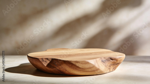 Wooden serving platter made from natural wood with a unique organic shape, placed on a light-colored surface with soft shadows and warm lighting