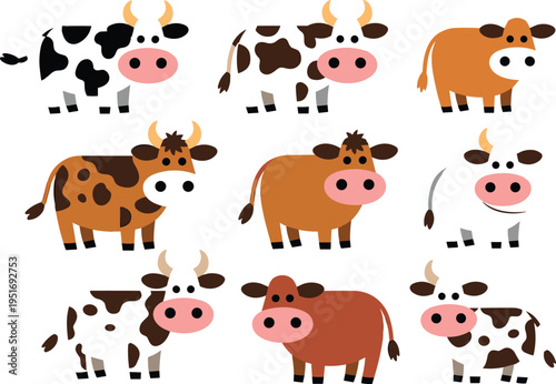 Cute cartoon cow collection set, farm cattle characters isolated, dairy livestock illustration for agriculture design, cad drawing flat vector illustration