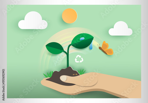 Paper art sustainability concept with hand holding soil and growing plant, recycling and eco friendly environment