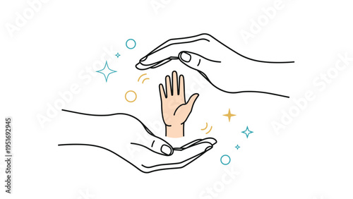 Outline of two large human hands gently protecting a smaller childs hand in the middle surrounded by stars and circles.