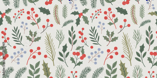 Seamless pattern featuring illustrated festive winter holly berries and evergreen pine needles Vector