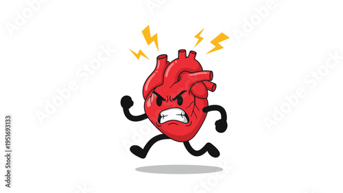 Angry red heart character with lightning bolts running with a determined expression on a white background.