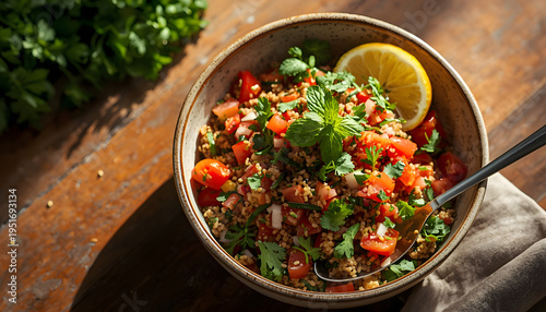 Vibrant tabbouleh salad bowl filled with freshly chopped parsley, bulgur, tomatoes, mint, and onions, garnished with lemon wedges and olive oil, set against a warm and earthy wooden table.
