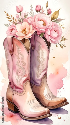 Two pink cowboy boots hold a bouquet of watercolor pink roses and wheat on a cream background