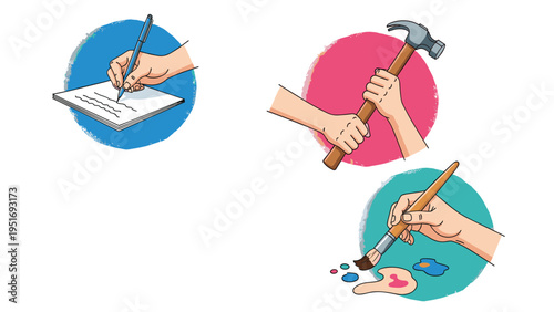 Hands engaged in creative activities like writing on paper with a pen hammering a nail and painting with a brush in icons.