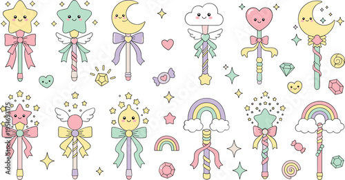 Cute magical fairy wands with stars hearts clouds rainbow and moon pastel cartoon vector illustration set