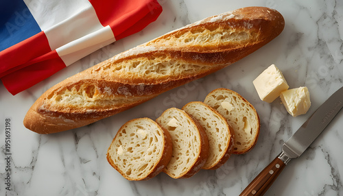 Vintage Bastille Day celebration with French baguette and butter on marble
