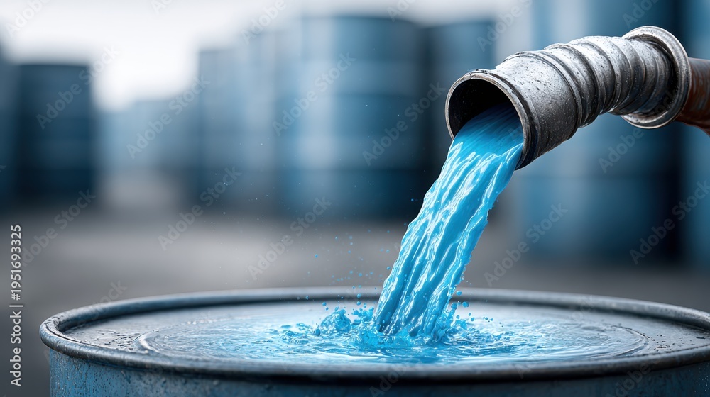 Fototapeta premium Blue liquid pouring into a barrel illustrating chemical processing, industrial solutions, and hazardous material handling