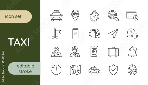 A set of line icons on the taxi theme. editable