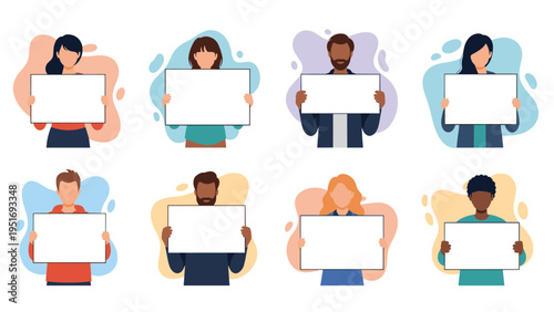 Diverse group of multiracial people holding blank white placards against colorful abstract shapes for custom messages.