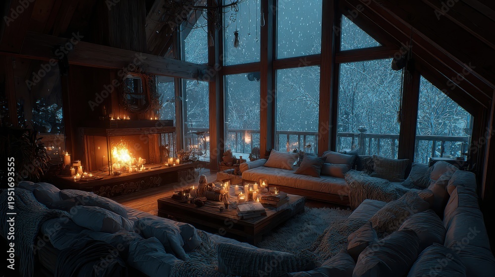 Obraz premium Cozy Cabin Interior with Fireplace and Snowy View, Evoking Warmth and Relaxation