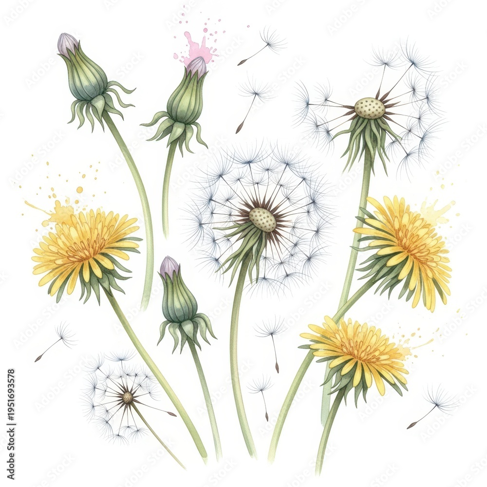 Obraz premium A group of dandelion flowers and seed heads