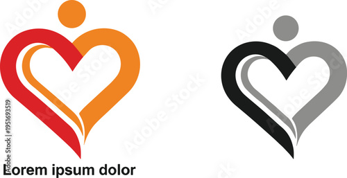 Abstract heart shape person logo vector set in red orange and black grey colors for charity healthcare community foundation and romantic love design