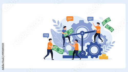 Business team working together to manage money and build a successful system using gears and financial icons in a flat style.