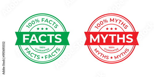 Fact Myth round stamps. Truth or false seal imprints. Red green badges. Emblems isolated on white background. Infographic retro labels. Vector illustration.